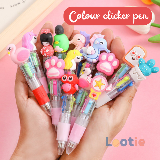 Colorful clicker pens with cartoon-style tops 