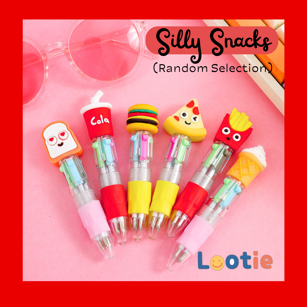 Colorful pen-shaped snack toys with cartoon designs 