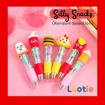 Colorful pen-shaped snack toys with cartoon designs 