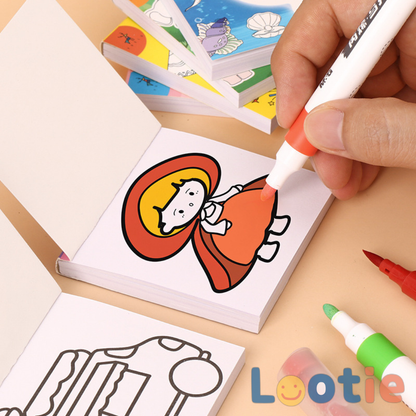 Coloring book with cartoon character, markers, and a hand coloring.