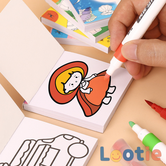 Coloring book with cartoon character, markers, and a hand coloring.