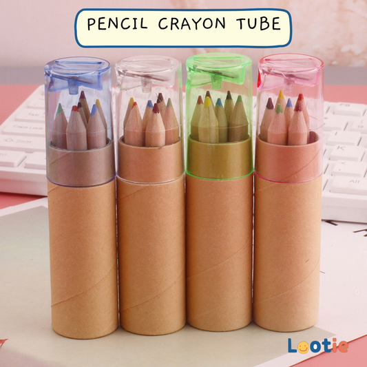 pencil crayon tubes with colored pencils  and sharpener. Kids Party Favours 