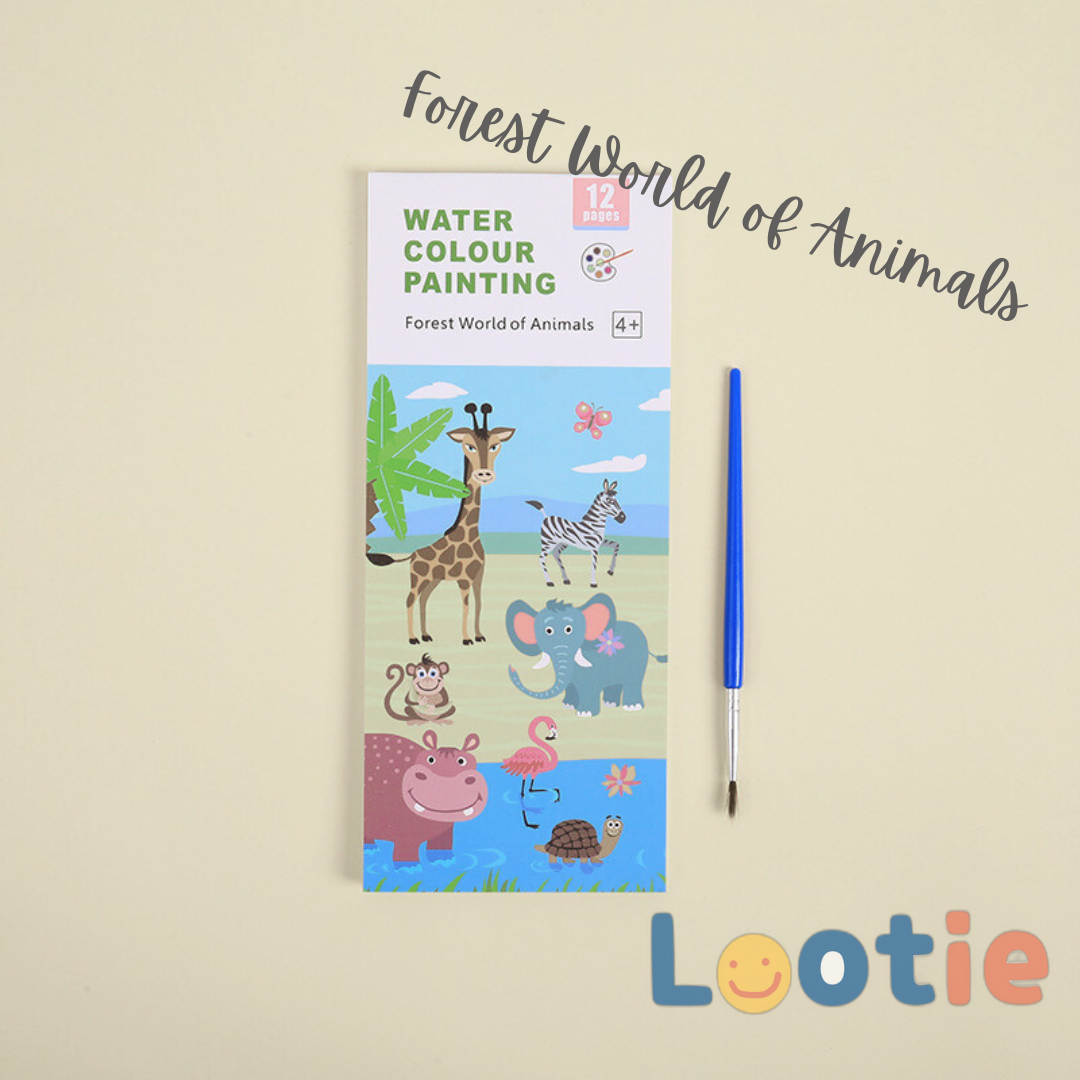 Children's watercolour paint book  titled 'Forest World of Animals' 