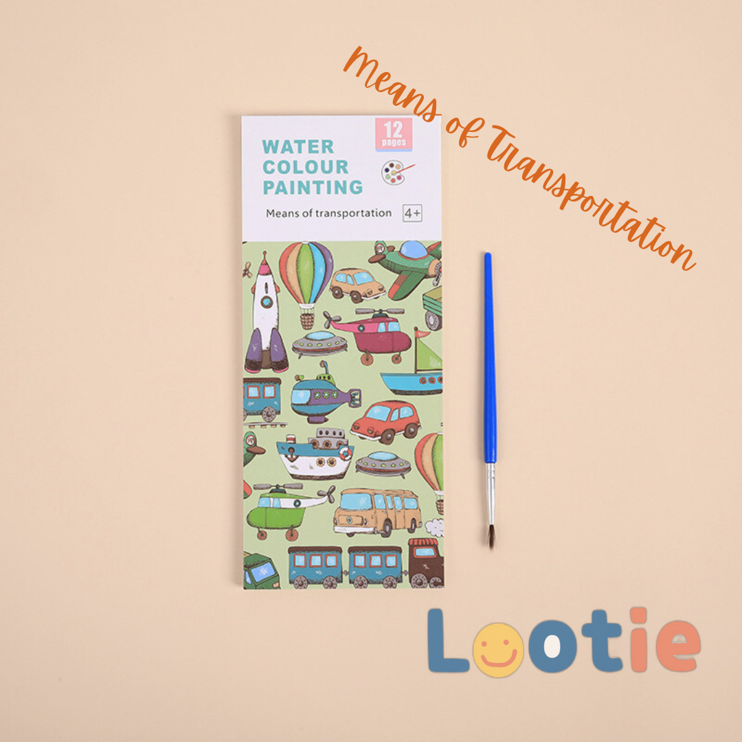 Water colour paint book transportation-themed illustrations and a brush 