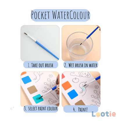 Step-by-step guide for using Water Colour book with a brush, water, and paint on a white background.