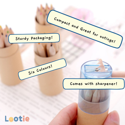 pencil crayon tubes with colored pencils  and sharpener. Kids Party Favours 